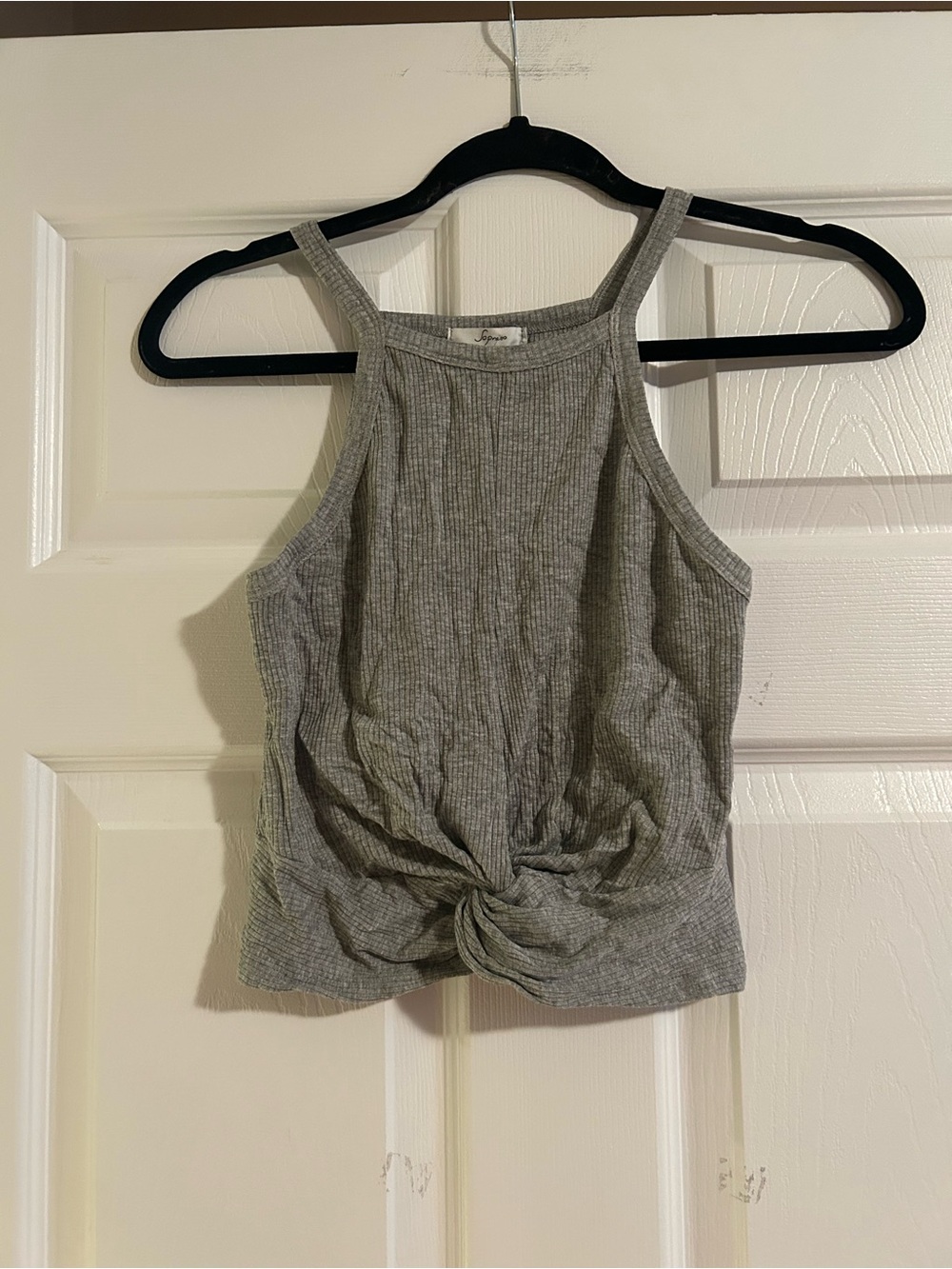 Soprano Gray Ribbed Halter Tank with Front Knot